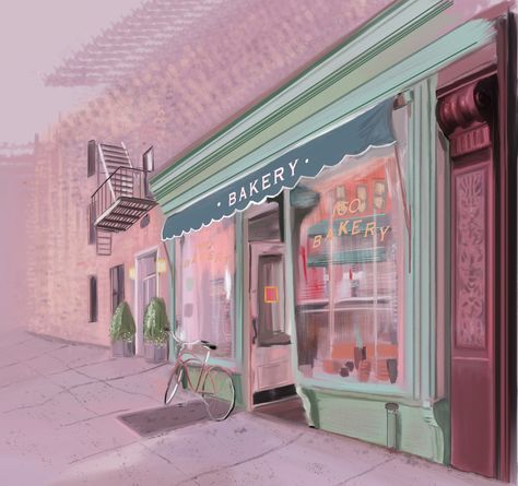 ArtStation - City Bakery Bakery Concept Art, Bakery Shop Drawing, Bakery Artwork, Bakery Shop Aesthetic Drawing, Bakery Digital Art, Bakery Cafe, Digital Painting, Cafe, Art