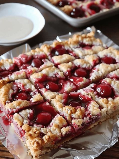 Cherry Bars for a Crowd - Nine Recipes Cherry Bars Recipe, Bars For A Crowd, Cherry Pie Bars, Cherry Bars, Cherry Topping, Cherry Filling, Biscuit Bake, Pie Bars, Fruit Filling