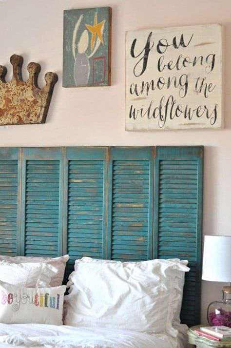 Teal Headboard, Old Wooden Shutters, Coral Bedroom, Vintage Shutters, Wood For Sale, Old Shutters, Grey And Coral, Diy Headboards, Shabby Chic Bedrooms