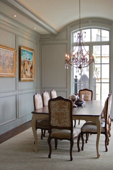 600c2b11a15f5a880b298d35206455c9 Judges Paneling, Dining Room Paneling, Wood Paneling Living Room, Dining Room Table And Chairs, French Manor, Hidden Closet, Painted Wainscoting, Benjamin Moore Gray, Dining Room Wainscoting