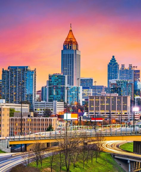 Atlanta, Georgia Skyline at Dusk - The downtown skyline of Atlanta, Georgia, USA at dusk. #Atlanta #Skyline Atlanta Georgia Skyline, Atlanta Skyline, Georgia Usa, Bake Sale, Atlanta Georgia, Studio Apartment, Georgia, Atlanta, Apartment