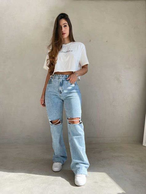 Wide Leg Outfit, Casual Oufits, Wide Leg Jeans Outfit, Mom Jeans Outfit, Boyfriend Jean, Basic Outfits, Looks Vintage, Outfits Casuales, Ripped Jeans