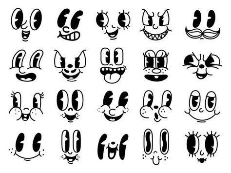 Vintage 50s cartoon and comic happy faci... | Premium Vector #Freepik #vector #logo #vintage #character #cartoon Happy Facial Expressions, Happy Face Illustration, Anatomy Basics, Germ Illustration, 50s Cartoon, Basic Animation, Old Animation, Retro Icons, Alphabet Graffiti