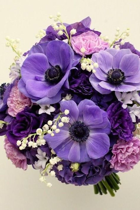 Anemone Bridal Bouquet, Lily Of The Valley Bouquet, White Lily Of The Valley, Purple Anemone, Anemone Bouquet, Purple Wedding Inspiration, Purple Bouquet, Hello Darling, Purple Wedding Invitations