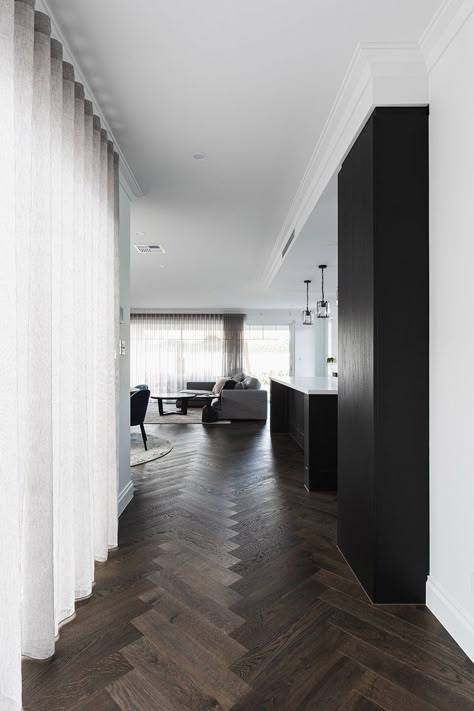 Black and White design from our Australian partner Woodpecker Flooring | coswick.com Woodpecker Flooring, Dark Herringbone Floor, Old Venice, Dark Timber Floors, Dark Oak Flooring, Black Wood Floors, Wood Floor Design, Summer Hill, Herringbone Wood Floor