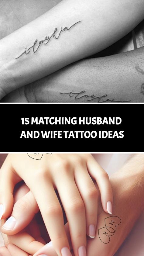 Explore these heartwarming matching tattoo ideas for couples! Whether you're seeking subtle symbols of love or bold statements, these designs celebrate the unique bond between husband and wife. Perfect for commemorating anniversaries, weddings, or simply the joy of being together. Discover inspiration for your next meaningful tattoo! Couple Finger Tattoos Marriage, Anniversary Tatoos Ideas, Spouses Name Tattoo Ideas, Meaningful Husband Wife Tattoos, Tattoo Ideas Husband And Wife, Small Spouse Tattoos, You Are My Home Tattoo, Surprise Tattoo For Husband, Feminine Name Tattoos