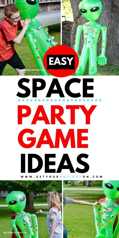 Space party game ideas for a kids birthday! #alien #space #birthdayparty #kidsparty Space Birthday Party Games Activities, Outer Space Theme Games, Astronaut Party Games, Space Theme Party Activities, Alien Food Ideas Parties, Space Theme Birthday Party Games, Space Theme Birthday Games, Area 51 Themed Party, Space Themed Party Decor