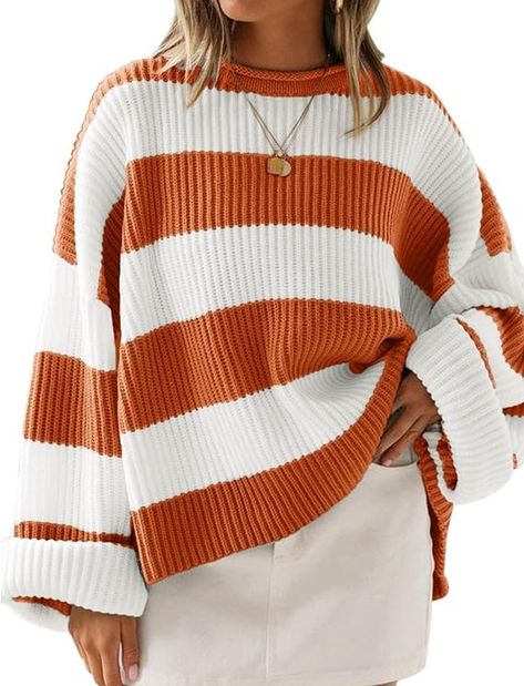 ZESICA Women's 2024 Fall Long Sleeve Crew Neck Striped Color Block Comfy Loose Oversized Knitted Pullover Sweater,Orange,X-Large at Amazon Women’s Clothing store Fall Transition Outfits, Pull Oversize, Tight Sweater, Transition Outfits, Estilo Chic, Cold Weather Outfits, Oversized Style, Oversized Pullover, Casual Stripes