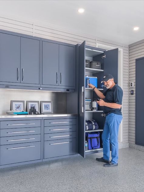 Garage Organization With Cabinets, Garage Cabinet Color Ideas, Garage Organization Ideas Storage Cabinets, Garage Cupboards Storage, Garage Shelving Organization, Diy Garage Renovation, Garage Cabinet Colors, Garage Kitchen Cabinets, Garage Metal Cabinets