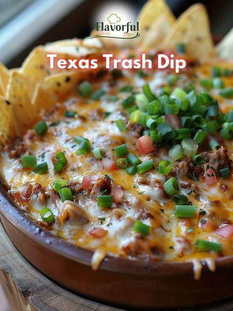 Flavorful side | FULL RECIPE ✅ : https://flavorfulside.com/texas-trash-dip/ | Facebook Meaty Texas Trash Dip, Texas Trash Bean Dip, Trash Dip Recipe, Desert Dips, Texas Trash Dip, Texas Trash, Mexican Dips, Recipes Authentic, Snack Dip