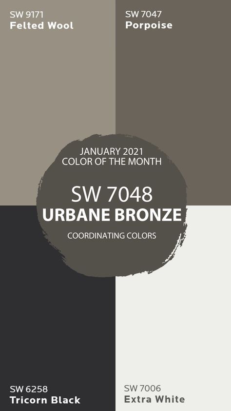 Looking back at the colors of the month by Sherwin-Williams starting with January 2021, Urbane Bronze. The coordinating colors are Felted Wool, Propoise, Tricorn Black and Extra White. Check out our favorite colors of 2021 on our BLOG! Bedroom Wall Color Combination Ideas, Wall Color Combination Ideas, A Year In Color, Year In Color, Urbane Bronze, Paint Colors For House, Colors For House, House Paint Color Combination, Color Combinations Paint