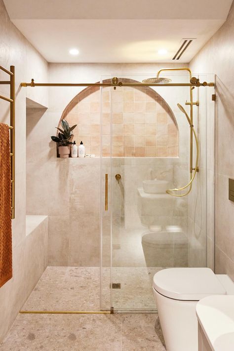 Niche In Wall, Arched Niche, The Block 2023, Sliding Shower Screens, Studio Bathroom, Kids Bathrooms, Ensuite Design, Bathroom Niche, Shower Recess