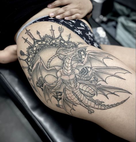 Bahamut ZERO surrounded by Knights of the Round weapons Bahamut Tattoo, 7 Tattoo, Knights, Final Fantasy, Tattoos