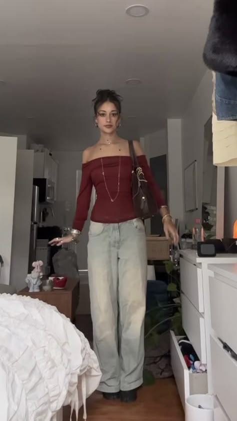 Red bare shoulder top Shoulder Less Top Outfit, Wine Red Top Outfit, Red Off The Shoulder Top Outfit, Burgundy Top Outfit Ideas, Red Off Shoulder Top Outfits, Burgundy Long Sleeve Shirt Outfit, Dark Red Shirt Outfit, Dark Red Top Outfit, Off The Shoulder Top Outfit Aesthetic