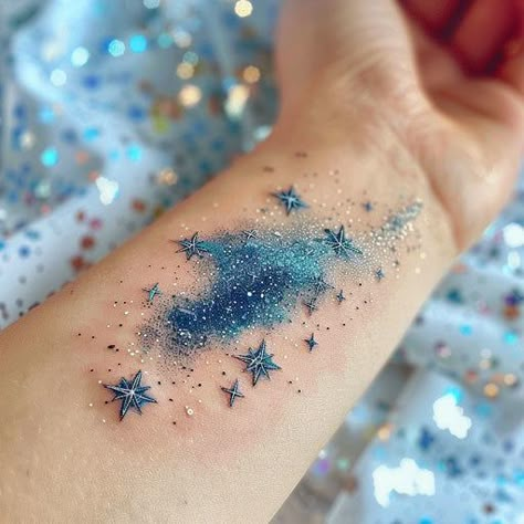 Constellation Tattoo Blueprint Pack Sky Sleeve Tattoos For Women, Constilation Tattoo Back, Galaxy Arm Sleeve Tattoo, Curious Tattoo Ideas, Citrine Crystal Tattoo, Blue Stars Tattoo, Honey Dripping Tattoo, Cosmo Tattoo Universe, Subtle Tangled Tattoo