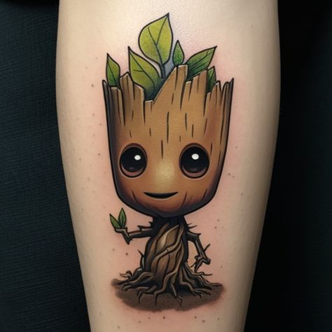 Groot tattoo cartoon Style lucis 01 Tattoo Cartoon Style, Cartoon Sleeve Tattoo, Groot Tattoo Ideas, Baby Groot Tattoo, Groot Tattoo, Vibrant Tattoos, Wall Elements, Hulk Tattoo, Pop Culture Tattoos