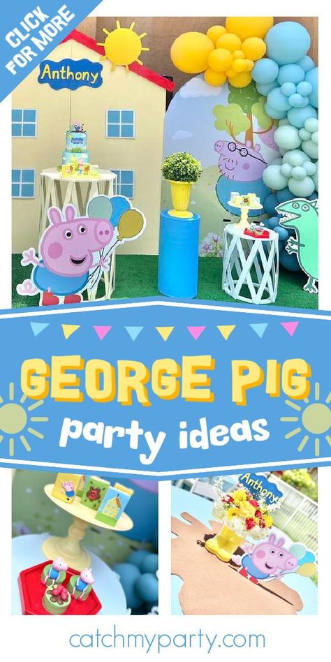 Take a look at this adorable George Pig birthday party! The muddy puddle centrepieces are wonderful! See more party ideas and share yours at CatchMyParty.com George Pig Party Decoration, Peppa Pig Themed Birthday Party For Boy, Peppa Pig Birthday Party Boy Ideas, George Pig Party Ideas, Peppa And George Birthday Party, George Pig Birthday Party Decorations, Peppa Pig Boys Birthday Party, Peppa Pig Birthday Party Boy, Peppa Pig Boy Birthday Party