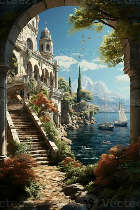 A beautiful painting of a graceful openwork arch leading to the sunny medieval harbor where beautiful graceful sailboats stand. AI generative Flat Design, Beautiful Paintings, Arch, Sunnies, Royalty Free Stock Photos, Design