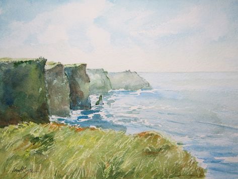 Cliffs of Moher. A watercolor painting on 300# paper depicting the Cliffs of Moher in Ireland. Cliffs Watercolor, Watercolor Ireland, Watercolor Homes, Ireland Painting, Island Watercolor, Ireland Landscape, Long Island New York, Cliffs Of Moher, Sketch Painting