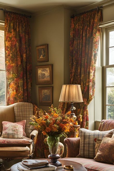 Fall English Cottage, Autumn Indoor Decorations, English Cottage Style Interior Decorating Ideas, English Country Decor Living Room Traditional Homes, English Country Fall Decor, Cottage Sofa Ideas, English Cottage Curtains, Country English Decor, English Country Decorating