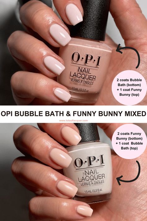 Opi Put It In Neutral Gel Vs Bubble Bath, Opi Mimosas For Mr And Mrs Gel, Funny Bunny Combos, Bubble Bath Shellac Nails, Funny Bunny Mixed With Bubble Bath Opi, Opi Funny Bunny Gel Nails, Honey Bunny Nail Polish, Nail Polish Mixing Color Combos, Hunny Bunny Nail Polish