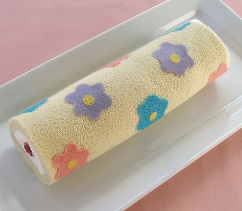 Spring Flower Decorated Cake Roll | Soft and fluffy Asian-st… | Flickr Decorated Cake Roll, Sponge Cake Roll, Cute Frozen, Swiss Roll Cake, Cake Roll Recipes, Cute Baking, Swiss Roll, Roll Cake, Cake Roll