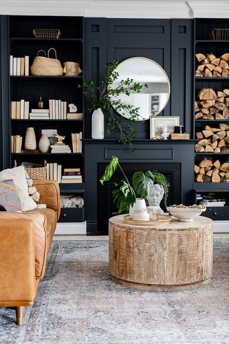 Craftberry Bush | Paper Mache Bowl DIY | https://www.craftberrybush.com Built Ins By Fireplace, Black Fireplace With Built Ins, Fireplace Wall With Built Ins, Black Built Ins, Black Shelf Decor, Fireplace With Built Ins, Black Fireplace Wall, Shelf Decor Ideas, Black Shelf