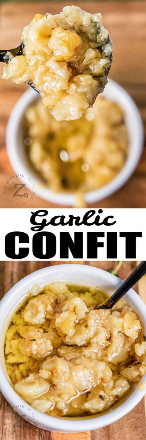 Make this garlic confit recipe and you’ll have enough garlic to last for weeks. Garlic confit is used as a bread spread or ingredient in sauces, marinades, spreads, or dips. Whole garlic bulbs, with tops cut off, are covered with olive oil and slow-roasted on low heat in the oven until soft and creamy. Use it to enhance all your savory dishes or salad dressings. #garlicconfitrecipe #ourzestylife #garlicconfitoven #garlicconfituses Roasted Garlic Confit, Confit Recipes, Bread Spread, Garlic Confit, Garlic Bulbs, School Snacks For Kids, Butter Recipes, Savory Dishes, Slow Roast