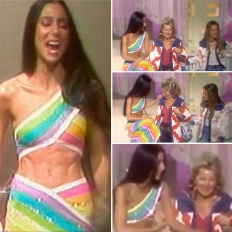 Cher Rainbow Outfit, Cher Fits, Cher Fashion 70s, Cher Iconic Looks, 70s Core, 70s Cher, Cher Bob Mackie, Cher 70s, Cher Looks