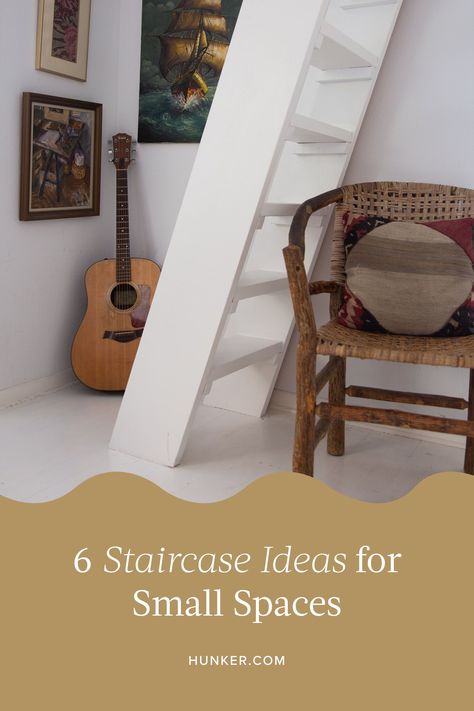 With careful planning, some creativity, and a bit of foresight, you can incorporate stairs for small spaces that maximize square footage AND add to your overall design. Check out these six inspiring, cozy interiors with attractive and practical staircase solutions. #hunkerhome #staircase #smallspaces #staircaseideas #stairs Compact Staircase Ideas Small Spaces, Narrow Steep Staircase Ideas, Small Footprint Staircase, Spacesaver Stairs, Staircase For Small Spaces, Small Space Under Stairs Ideas, Steep Stairs Solution, Staircase Small Space, Small Stairs Design