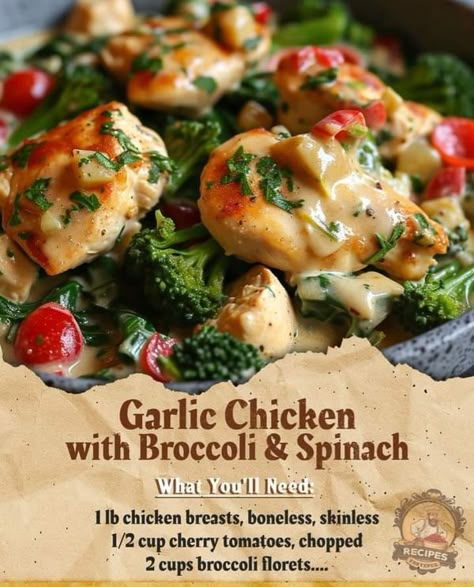 Antonia Lofaso | Garlic Chicken with Broccoli & Spinach | Facebook Garlic Chicken With Broccoli And Spinach, Garlic Chicken With Broccoli, Shrimp Dinners, Curry Soup Recipes, Tasteful Recipes, Chicken With Broccoli, Turkey Meals, One Pot Wonder, Broccoli Spinach