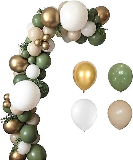 Sage Green Balloon Garland, White Gold Balloons, Green Balloon Garland, Jungle Balloons, Champagne Balloons, Baby Shower Balloon Decorations, Jungle Theme Parties, Small Balloons, Jungle Tropical