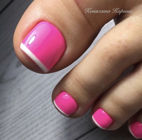 Colored French Pedicure Toenails, Summer Pedicure French Tip, Hot Pink With White Tip Nails, Spring Break Pedicure Ideas, French Pink Pedicure, Neon Pink Pedicure Toenails, Hot Pink Nails With White Tips, Hot Pink Nails With French Tip, Barbie Pedicure Ideas