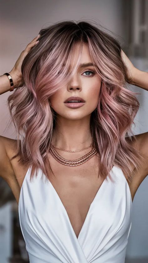 31 Hair Colors That Will Instantly Make You Look Younger Rose Gold On Dark Hair, Rose Gold Hair With Blonde Highlights, Silver And Rose Gold Hair, Soft Pink Highlights Brown Hair, Light Pink Hairstyles, Rose Platinum Hair, Brown Pink Ombre Hair, Pink And Blonde Highlights In Brown Hair, Pink Roots Blonde Hair