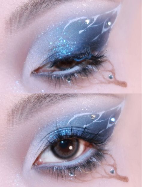 Bold Blue Makeup, Shinobu Eye Makeup, Celestial Fairy Makeup, Light Blue Eyeliner Looks, Moon Makeup Aesthetic, Sea Inspired Makeup, Fairy Makeup Blue, Moon Eye Makeup, Fantasy Makeup Ideas Creative