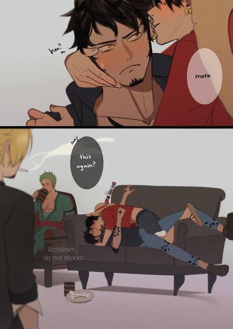 One Piece Trafalgar Law X Luffy Comic, One Piece Ships Luffy, One Piece Law X Luffy, Luffy X Zoro Kiss, Trafalgar Law And Luffy, Luffy X Law Comic, Law X Luffy Fanart, Luffy Reference, Marine Luffy