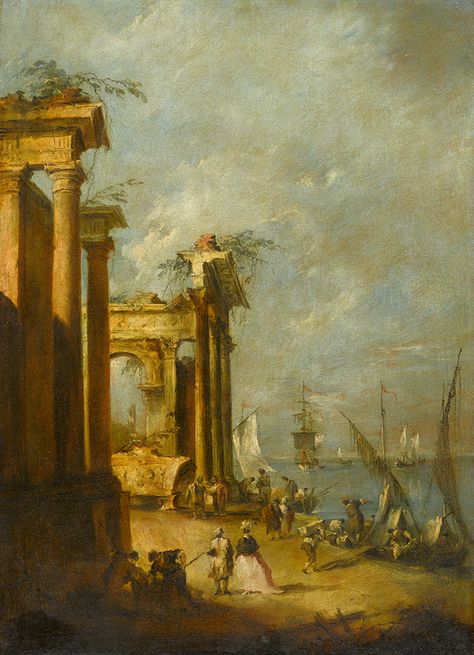 Roman Ruins Near the Lagoon - Francesco Guardi.  c. 1765-75.  Oil on canvas.  92.7 x 67.3 cm.  North Carolina Museum of Art, Raleigh NC, USA. Roman Ruins Painting, Ruins Painting, Powerful Paintings, Francesco Guardi, Roman Ruins, Architecture Painting, Art Uk, Italian Art, Ancient Ruins