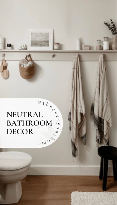 Bathroom decor, neutral decor, bathroom inspo, peg rail, decoe ideas, budget decor, home inspo, accessible beige. Powder Room Ideas Neutral, Grey And Neutral Bathroom, Pegs In Bathroom, Beige White Bathroom Ideas, Grey And Cream Bathroom Ideas, Cream And Beige Bathroom, Bathroom White And Beige, Neutral Guest Bathroom Ideas, Mushroom Color Bathroom