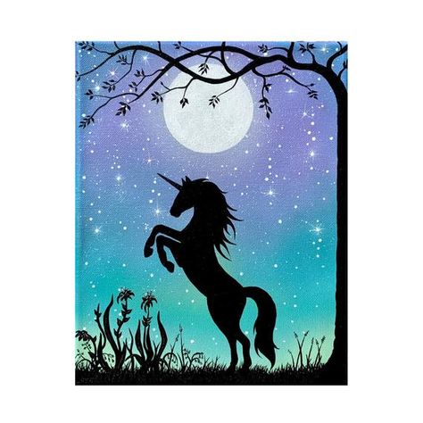 Full Moon And Stars, Stars Glow In The Dark, Painting Moon, Magical Paintings, Unicorn Painting, Original Canvas Painting, Silhouette Painting, Moon Painting, Digital Paintings