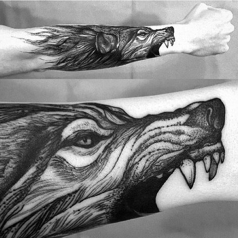 Cool Tattoo Of Beast With Large Teeth Mens Forearms Fenrir Tattoo, Petit Tattoo, Kunst Tattoos, Forearm Tattoo Design, Cool Forearm Tattoos, Wolf Tattoo Design, Geniale Tattoos, Cool Tattoos For Guys, Tattoo Designs For Girls