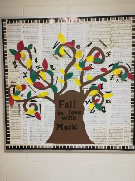 Fall Music Door Decorations, Fall Music Bulletin Boards, Music Fall Bulletin Board, Art And Music Bulletin Board, Music Classroom Bulletin Boards Cute Ideas, Thanksgiving Elementary, Music Advocacy Bulletin Boards, In Love With Music, Music Classroom Bulletin Boards