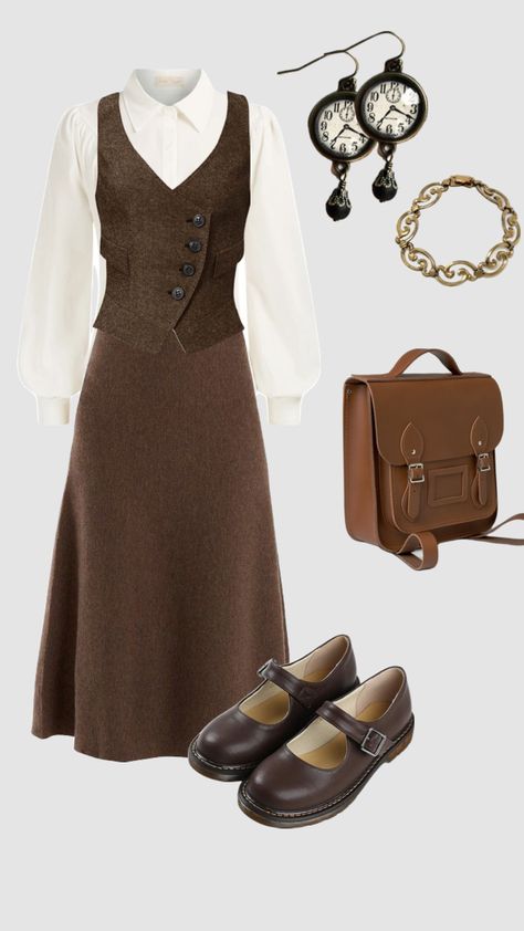 vintage outfit inspo #1930s #1940s #vintage #fashion #historical #inspo #history #skirt #waistcoat 1940s Style Outfits, Vintage Cottagecore Outfits, Mode Style Anglais, 1930s Outfits, 1930s Fashion Women, Casual Steampunk, 1940s Outfits, Old Fashion Dresses, Vintage Outfit