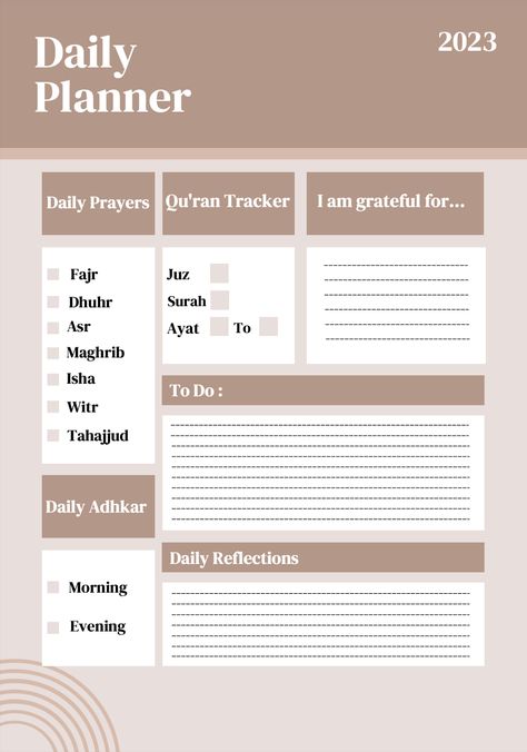 An Islamic daily planner to stay organised 2023 Beige, Prayer Tracker, Islamic Journal, Ramadan Planner, Aesthetic Usernames, Daily Planner Printables Free, Study Planner Printable, Daily Weekly Planner, Budget Planner Template