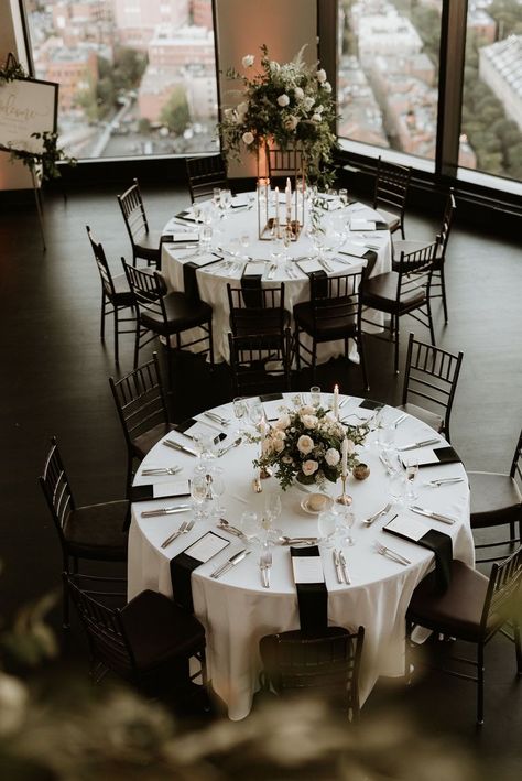 Reception Florals Table Settings, Black Tie Wedding White Flowers, Wedding Tables No Place Settings, Formal Wedding Table Decorations, Classic Wedding Centerpieces Romantic, Wedding Reception Tables Settings, White Black Table Setting, Wedding Decor Romantic Elegant, Classic Wedding Round Table Decor