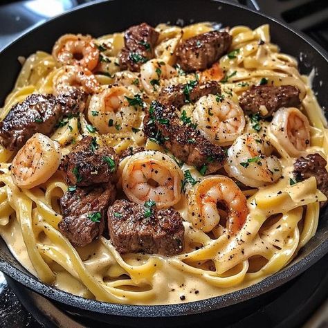 MOMS SWEET DEALS & DISCOUNTS | Cajun Shrimp and Steak Alfredo Pasta | Facebook Shrimp And Steak Alfredo Pasta, Steak Alfredo Pasta, High Protein Pasta Recipes, Steak Alfredo, Protein Pasta Recipes, Steak Gorgonzola, Dinner Date Recipes, Dinners For 2, Alfredo Recipes