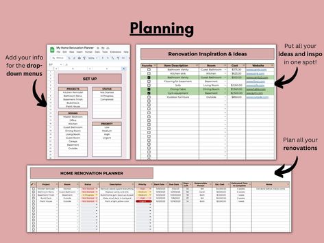 Home Renovation Planner | Google Sheets Template excelbudgettemplate💕 budgeting_on_excel #free_printable_budget_binder. Home Budget Spreadsheet, Home Renovation Planner, Wedding Budget Spreadsheet, Wedding Planning Templates, Renovation Planner, Excel Budget Spreadsheet, Budget Spreadsheet Template, Budget Tracking, Project Management Templates