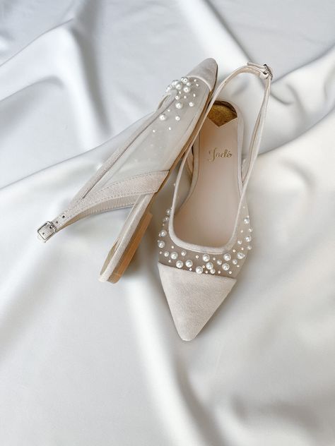 Bridal wedding flats 'Pearls Flats' are handmade using the best quality Italian upper suede, hand embroidery of pearls and beads, and genuine leather inside.  Inside there is a soft Memory foam insole, which gives a feeling of additional comfort when walking. Tunit outsole is made of a mixture of leather chips and rubber, it's more wear-resistant than leather and more durable. This type of outsoles is great for countries with rainy climates. Also, we use soft natural upper materials that wear we Bridal Flats Shoes, Flat Bridal Shoes, Shoes Beaded, Pearl Wedding Shoes, Wedding Aesthetics, Pearl Embroidery, Bridal Flats, Bridal Shoes Flats, Wedding Shoes Flats