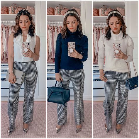 how to style houndstooth trousers cabi-fall-2020-portrait-blouse--blogger outfit Houndstooth Pants Outfit, Houndstooth Outfit, Houndstooth Trousers, Cabi Clothes, Canada Fashion, Houndstooth Pants, Clothing Blogs, Fashion Blogger Outfit, Blogger Outfits