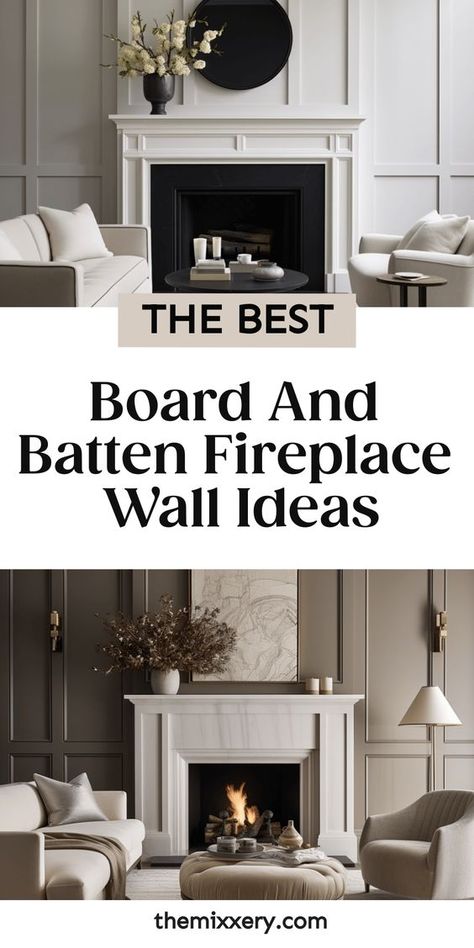 Update your living room with a stunning board and batten fireplace wall. Transform your space with the timeless and elegant combination of board and batten, creating a striking focal point that will surely impress. Whether you prefer a sleek modern look or a cozy rustic feel, there is something for everyone in these board and batten fireplace designs. Add character to your home with a stylish board and batten fireplace surround or create warmth by incorporating stone accents. Board And Batten Living Room Fireplace, Fireplace With Board And Batten Wall, Board And Batten Wall Pitched Ceiling, Different Board And Batten Ideas, Family Room Focal Wall Ideas, Board And Batten Around Fireplace, Stone Accent Wall Living Room, Fireplace Board And Batten, Accent Wall Above Fireplace