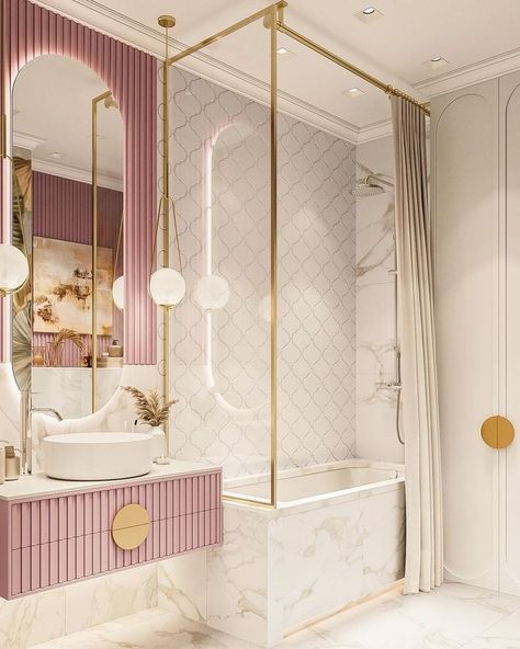 Luxury Bathroom Ideas Bathroom Ideas For Women, Girly Bathroom Ideas For Women, Grey And Pink Bedroom, Girly Bathroom Decor, Gray Wallpaper Bathroom, Pink Bathroom Ideas, Girly Bathroom Ideas, Girly Bathroom, Pink Bathroom Decor